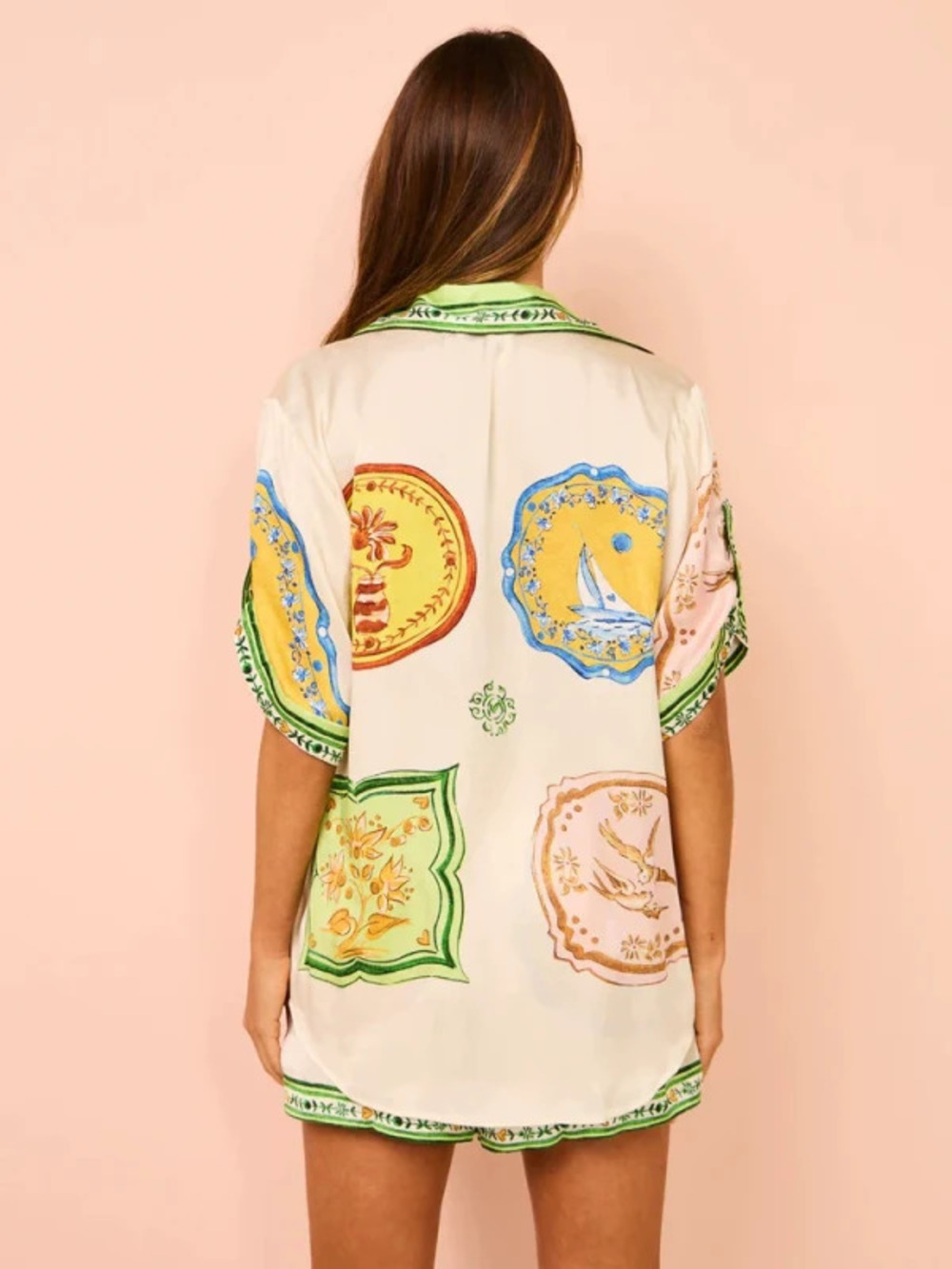 ZARA Loose Casual Two Piece Shorts Set with Printed Satin Shirt Collar